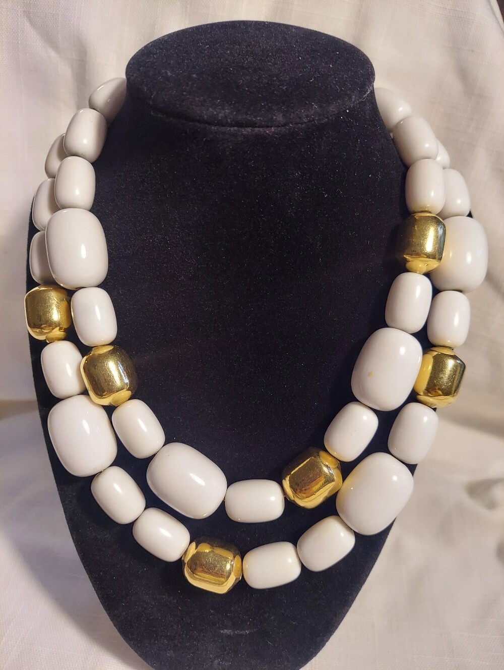 White and Gold Chunky Double Strung Bead Necklace - Women’s Statement Jewelry